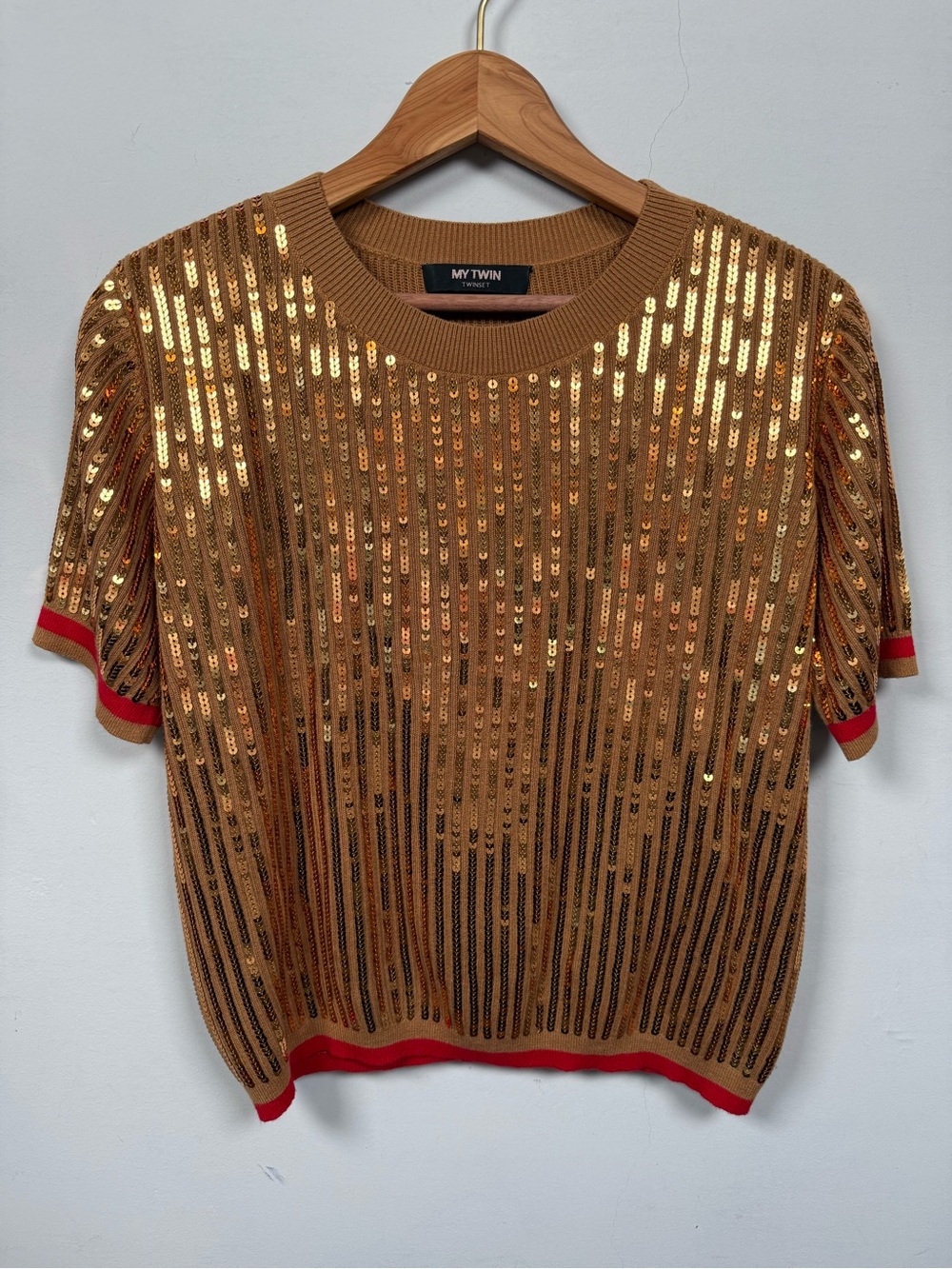 My Twin Twinset Gold Sequin Knit Short Sleeve Top Red Trim Sz S Great Condition!